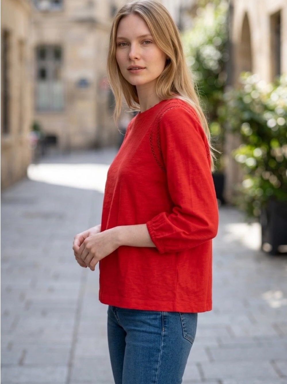 NWT Johnny Was Calme Red Crochet V-neck blouse Ret. $120 Size XS